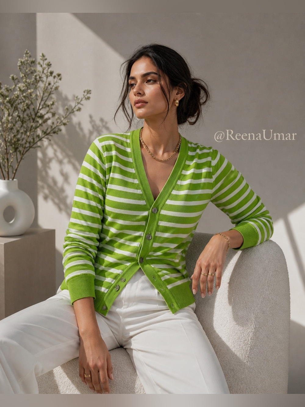 Paul Smith Green & White Striped V-Neck Cardigan – Lime / Green Button Unisex